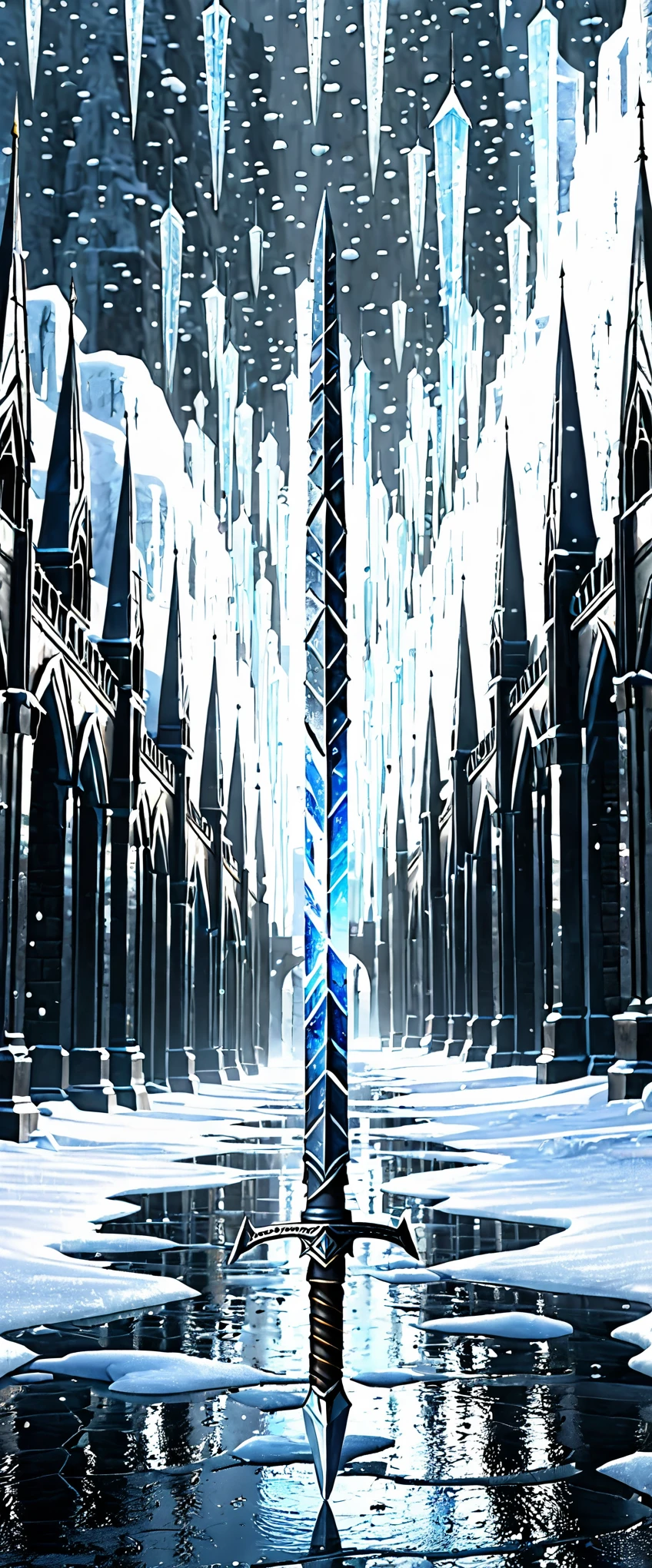 best quality, super fine, 16k, 2.5D, delicate and dynamic, ice arrows, ice swords, and ice spears rain down from the sky, gradually freezing the ground. Ice spirits, ice world, vast land, Northern Renaissance buildings, glittering ice dust effects, (magnificent views:1.4)