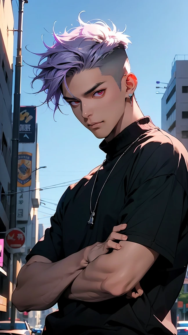 highest quality, 8K, high resolution image, anime style Jujutsu Kaisen, (Cell of Empireo/Seodoa Riddle), detailed strokes, bored look , blurred, purple light reflecting from it, (close angle), 1 man, young, male, model, hand in pocket,  cool guy, multicolored Background with various geometric shapes, around stickers, muscular, light purple hair, spiky hair ,swollen chest, Red Eyes, withe shirt, black sweater, sweatpants,
Background: big City, Streets, Park, People, blue sky, Cars, Bike
