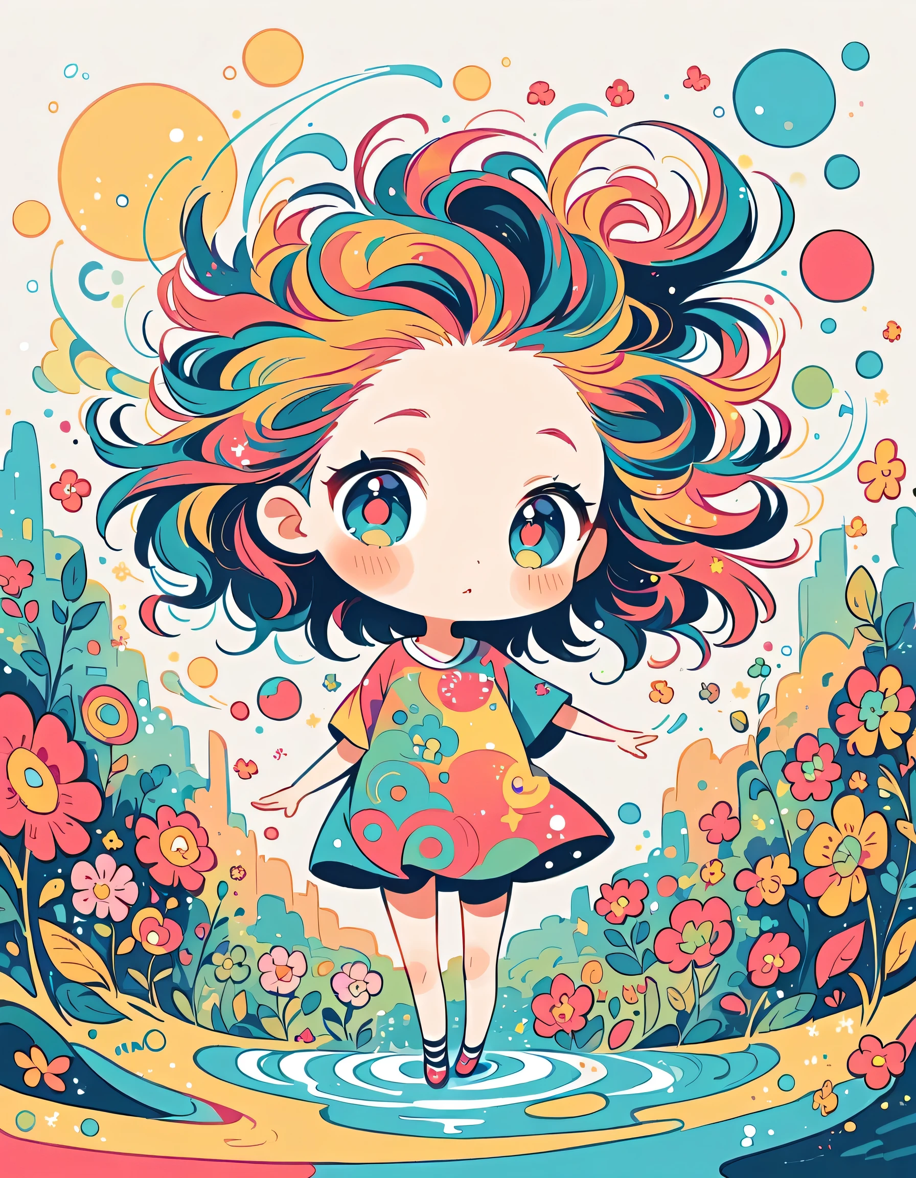 Takashi Murakami style, Standing in front of a high wall,Simple Line Initialism,Abstract art,Urban Background, (((The most beautiful girl))), (((chibi))), colorful flowers, Water Play, Cute animals in the forest