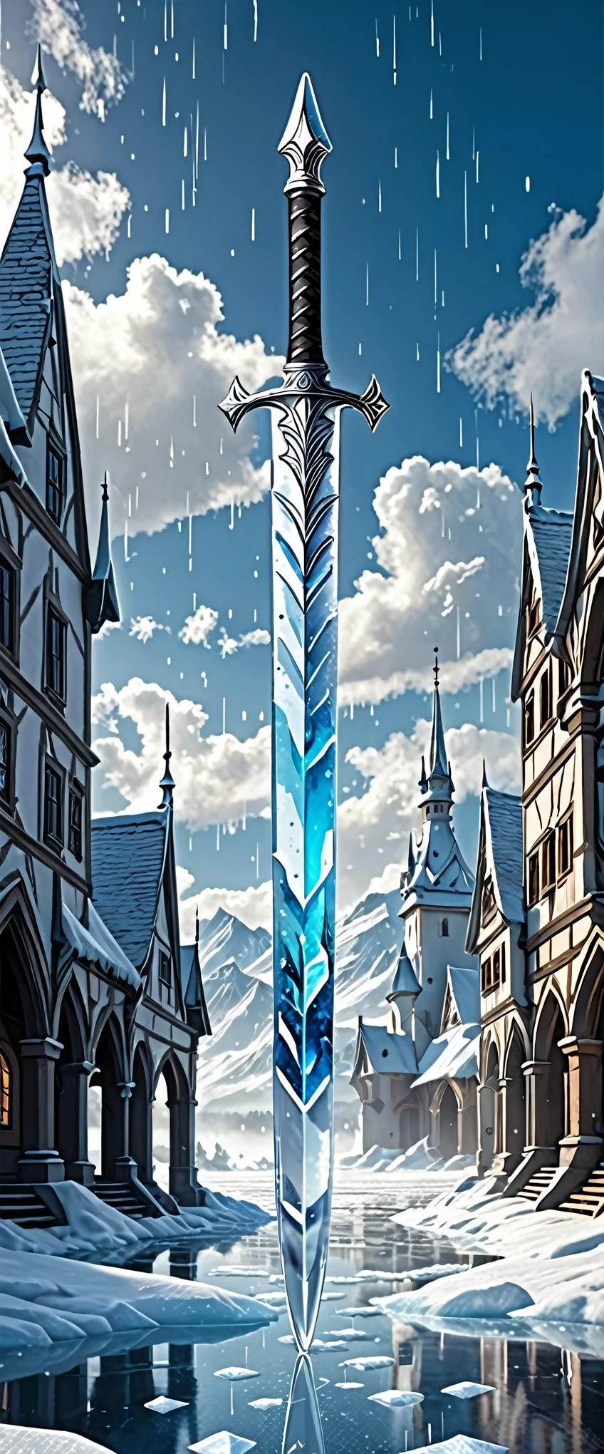 best quality, super fine, 16k, 2.5D, delicate and dynamic, ice arrows, ice swords, and ice spears rain down from the sky, gradually freezing the ground. Ice spirits, ice world, vast land, Northern Renaissance buildings, glittering ice dust effects, (magnificent views:1.4)