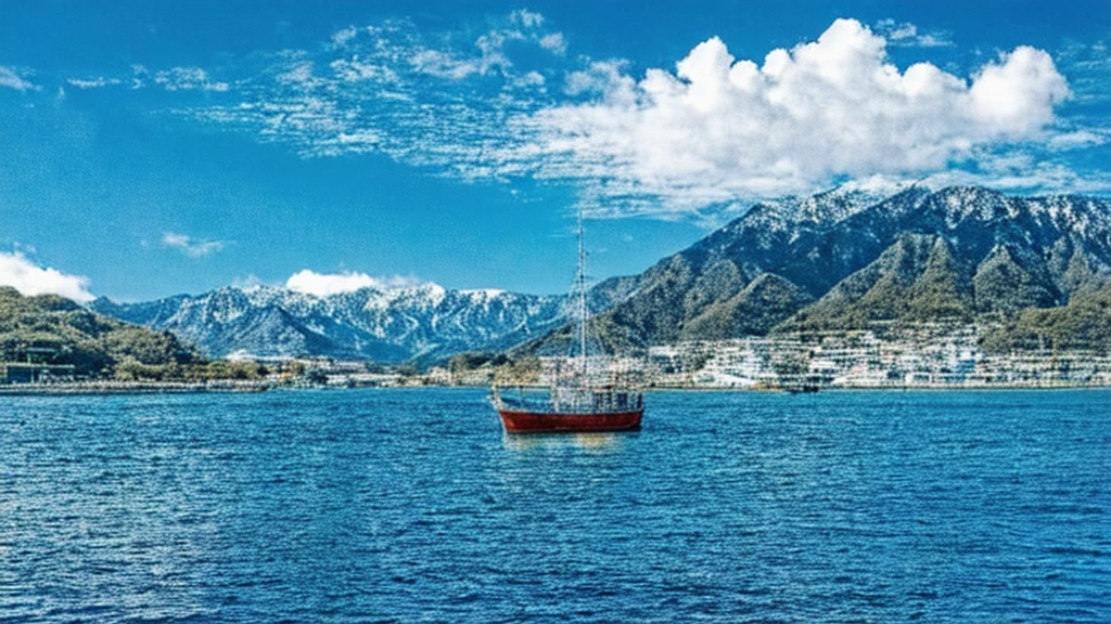 Boat anchored in the water near the mountains and blue sky, Okinawa Japan, Abel Tasman, beautiful iwakura, Fishing village, A vibrant scene, japan shonan enoshima, Fishing village, Mixed Art, Ehime, Marika Favre, sasai ukon masanao, port, port in background, Beautiful sunny day, port