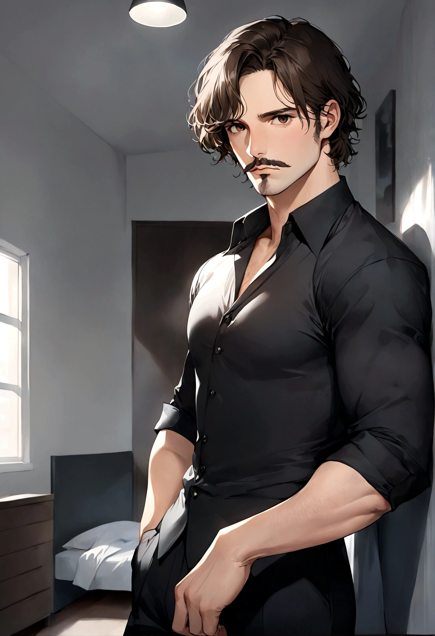 (traje de etiqueta para hombre), ), ((bigote estilo Van Dyke y (barba de chivo) "Van Dyke", Van Dyke beard)), (light brown eyes), Aspecto atractivo y serio, cabello muy largo oscuro, messy hair, Elegante y con estilo, Camiseta de cuerpo fuerte , Un hombre similar al actor Jim Morrison, ((cabello muy largo)) (Imagen realista y de alta calidad), Apartamento escandinavo en el fondo simple de un cuarto, ((La mejor calidad, 8K, obra maestra).((pose dinamica))