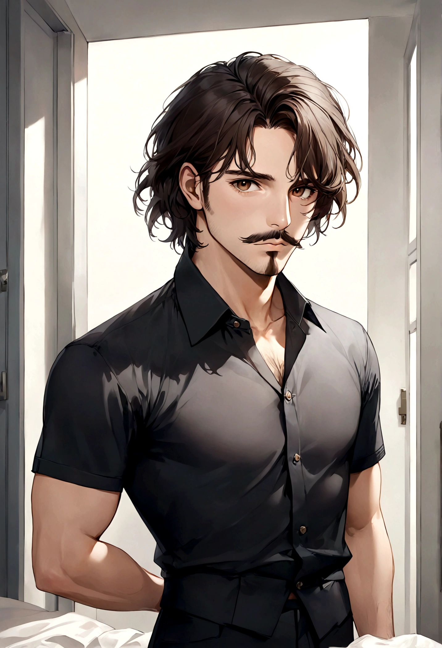 (traje de etiqueta para hombre), ), ((bigote estilo Van Dyke y (barba de chivo) "Van Dyke", Van Dyke beard)), (light brown eyes), Aspecto atractivo y serio, cabello muy largo oscuro, messy hair, Elegante y con estilo, Camiseta de cuerpo fuerte , Un hombre similar al actor Jim Morrison, ((cabello muy largo)) (Imagen realista y de alta calidad), Apartamento escandinavo en el fondo simple de un cuarto, ((La mejor calidad, 8K, obra maestra).((pose dinamica))