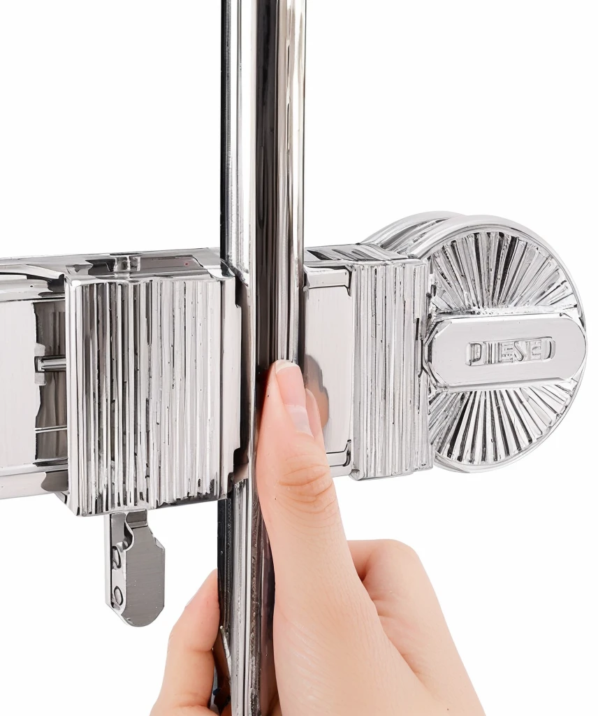Someone holding a metal door handle with a metal latch, Bottom View, Bottom View, Bottom Angle, Clear detailed view, top view, outstanding detail, High Angle View, close up, High quality details, Close-up view, no background, visually crisp & Clear, Top angle view, Vivid details, Fine details, outstanding