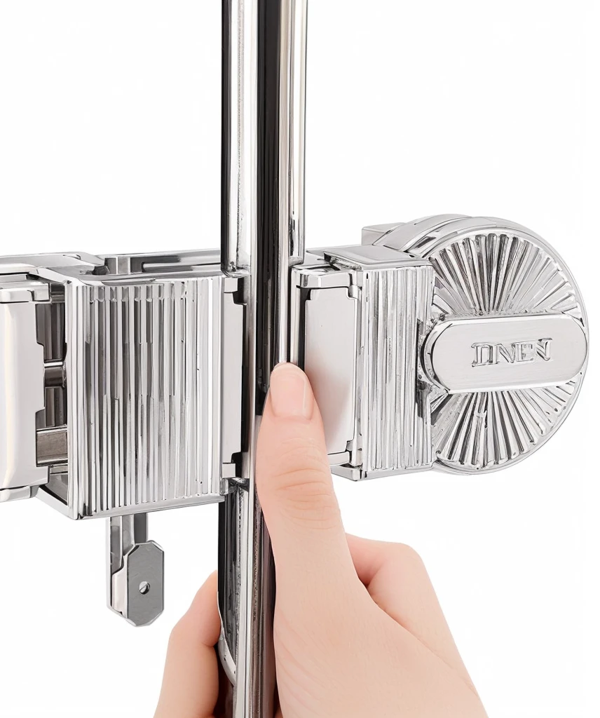 Someone holding a metal door handle with a metal latch, Bottom View, Bottom View, Bottom Angle, Clear detailed view, top view, outstanding detail, High Angle View, close up, High quality details, Close-up view, no background, visually crisp & Clear, Top angle view, Vivid details, Fine details, outstanding