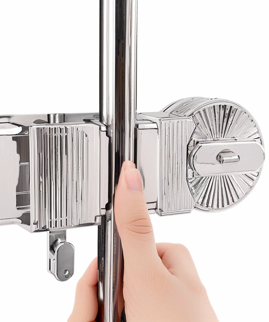 Someone holding a metal door handle with a metal latch, Bottom View, Bottom View, Bottom Angle, Clear detailed view, top view, outstanding detail, High Angle View, close up, High quality details, Close-up view, no background, visually crisp & Clear, Top angle view, Vivid details, Fine details, outstanding