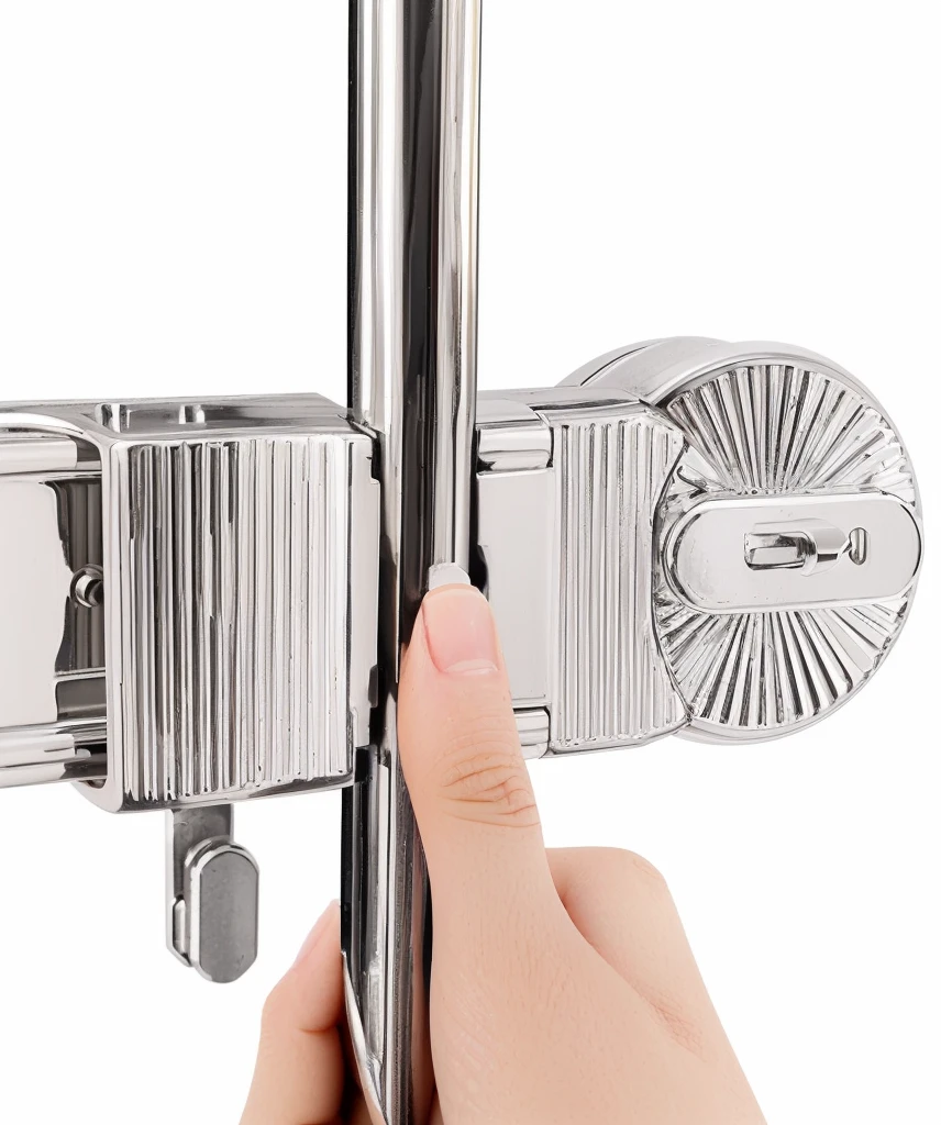 Someone holding a metal door handle with a metal latch, Bottom View, Bottom View, Bottom Angle, Clear detailed view, top view, outstanding detail, High Angle View, close up, High quality details, Close-up view, no background, visually crisp & Clear, Top angle view, Vivid details, Fine details, outstanding