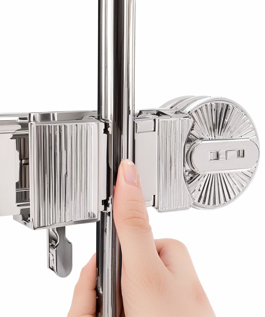 Someone holding a metal door handle with a metal latch, Bottom View, Bottom View, Bottom Angle, Clear detailed view, top view, outstanding detail, High Angle View, close up, High quality details, Close-up view, no background, visually crisp & Clear, Top angle view, Vivid details, Fine details, outstanding