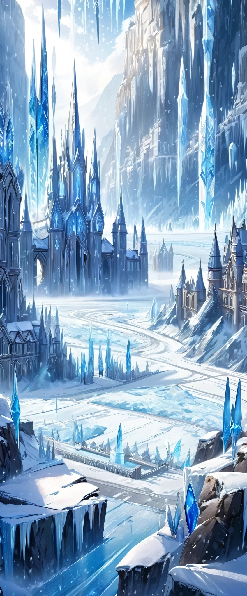 best quality, super fine, 16k, 2.5D, delicate and dynamic, ice arrows, ice swords, and ice spears rain down from the sky, gradually freezing the ground. Ice spirits, ice world, vast land, Northern Renaissance buildings, glittering ice dust effects, (magnificent views:1.4)