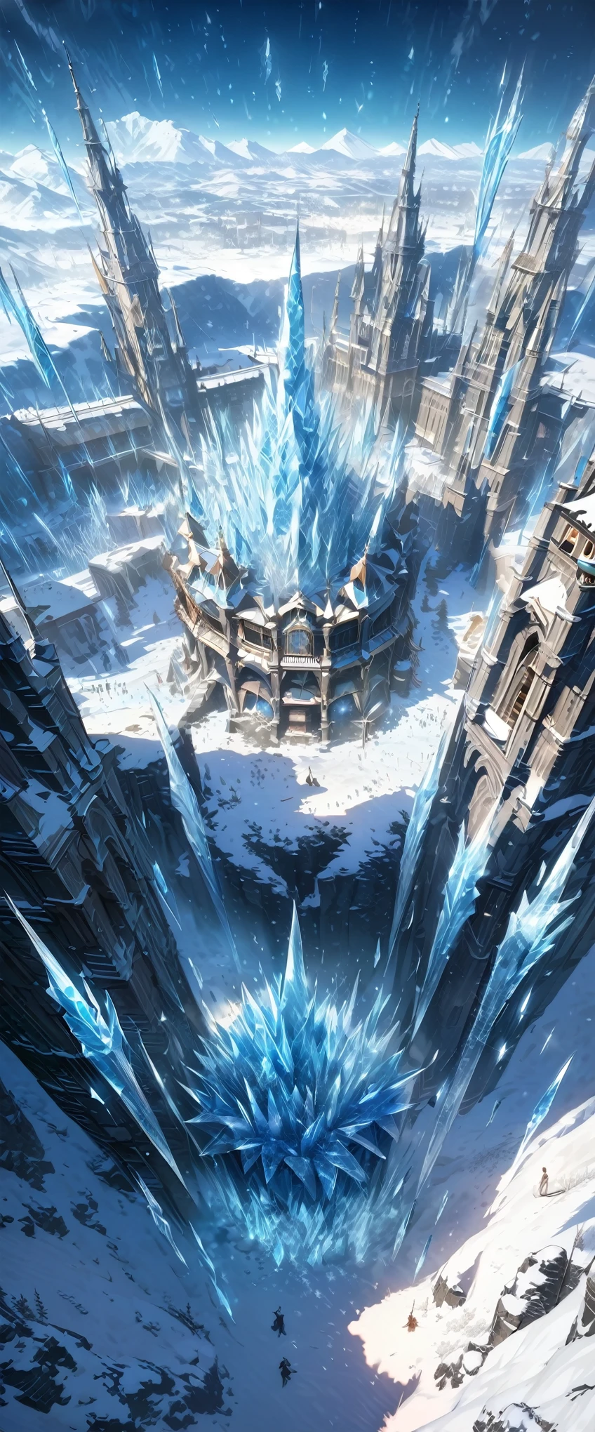 best quality, super fine, 16k, 2.5D, delicate and dynamic, ice arrows, ice swords, and ice spears rain down from the sky, gradually freezing the ground. Ice spirits, ice world, vast land, Northern Renaissance buildings, glittering ice dust effects, (magnificent views:1.4)