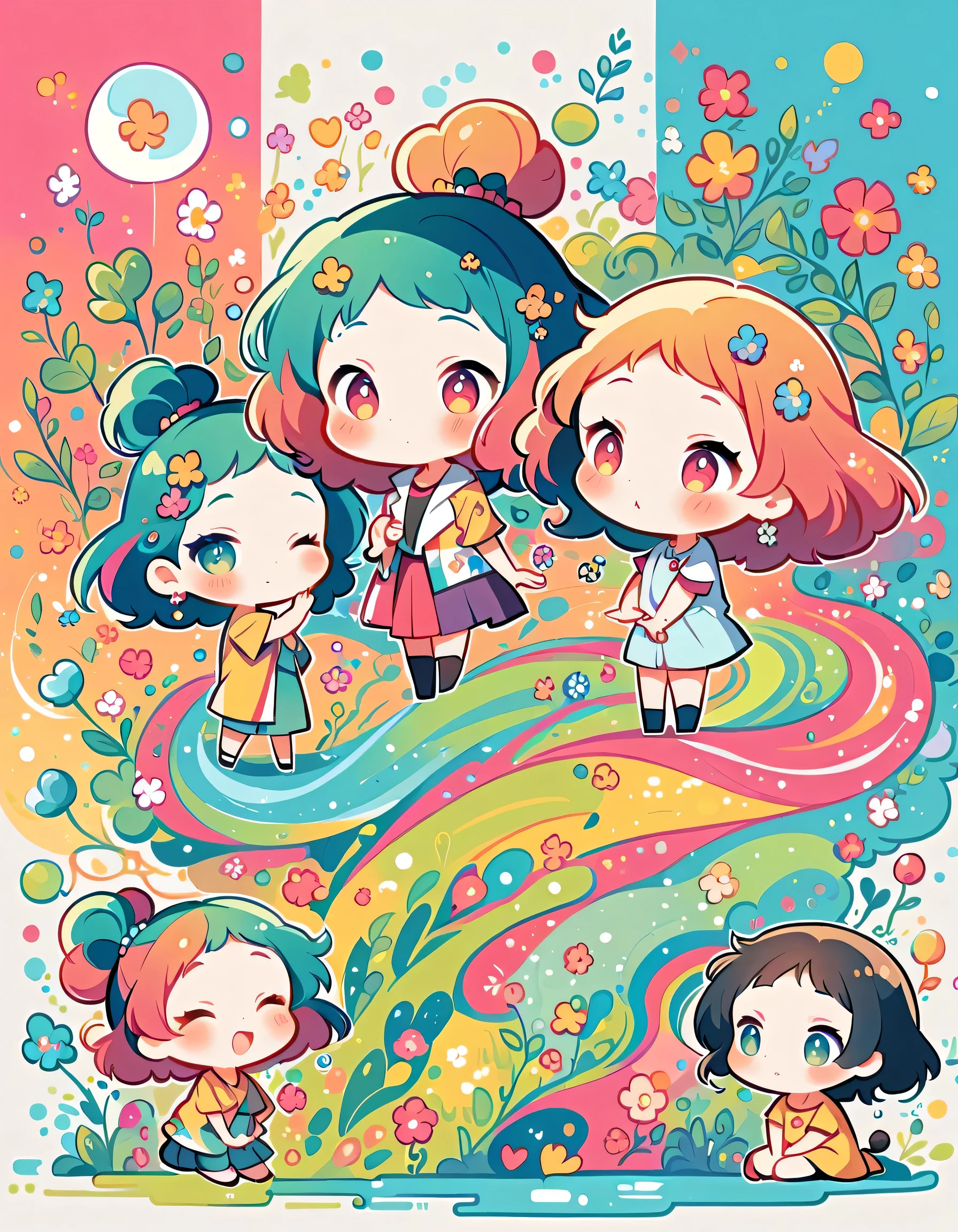 Takashi Murakami style, Standing in front of a high wall,Simple Line Initialism,Abstract art,Urban Background, (((The most beautiful girl))), (((chibi))), colorful flowers, Water Play, Cute animals in the forest