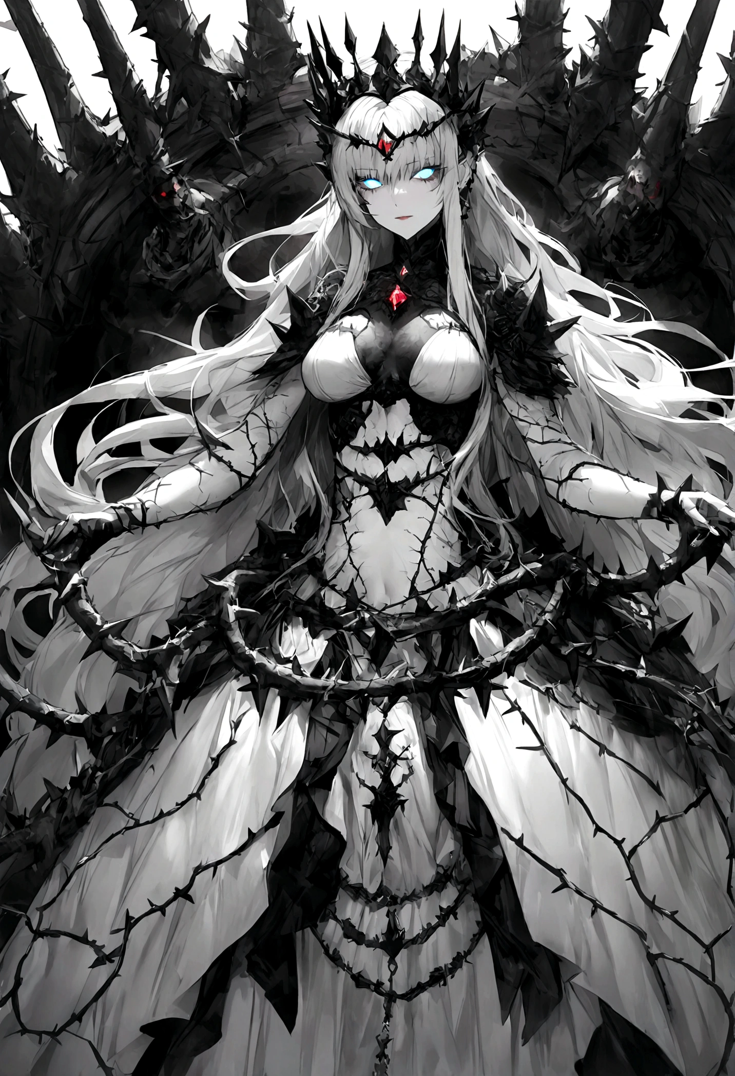 Thorns piercing the body，Long hair，Glowing eyes，Black and white，Crown of thorns，grace，Queen