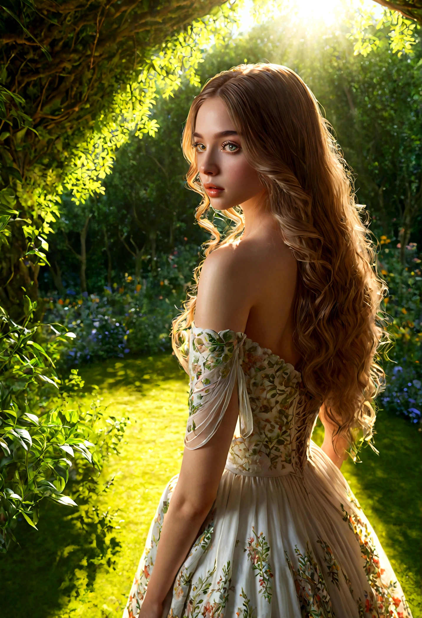 1girl, A woman in a garden, Back View, long flowing hair, delicate shoulders, intricate dress, sunlight filtering through trees, lush greenery, dreamy atmosphere, beautiful detailed face, beautiful detailed eyes, beautiful detailed lips, extremely detailed rendering, vivid colors, dramatic lighting, cinematic composition, fantasy art style, masterpiece, best quality, very aesthetic, absurdres