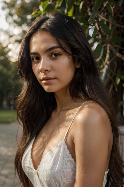 A photorealistic portrait of a 21-year-old colombian girl with long, flowing dark hair and striking dark eyes. She should have a natural, approachable expression and be illuminated by soft, golden-hour sunlight. The background should be a scenic outdoor setting, perhaps a sunlit park