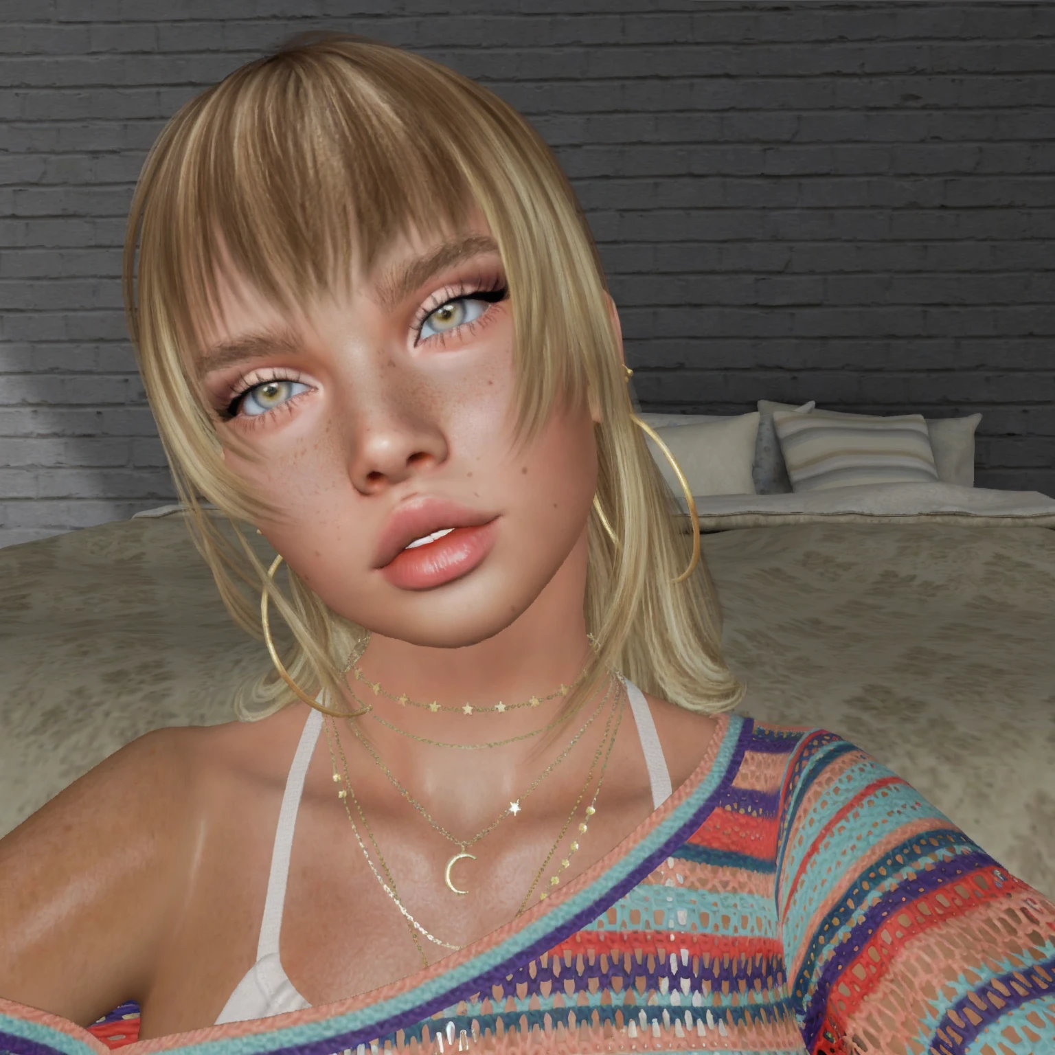 there is a woman with blonde hair and a colorful sweater, soft portrait shot 8 k, wlop glossy skin, ethereal vaporous tan skin, sultry expression, stylized portrait h 0, hyperrealistic teen, bedroom eyes, soft freckles, inspired by Károly Lotz, realistic face moody lighting, sleepy fashion model face