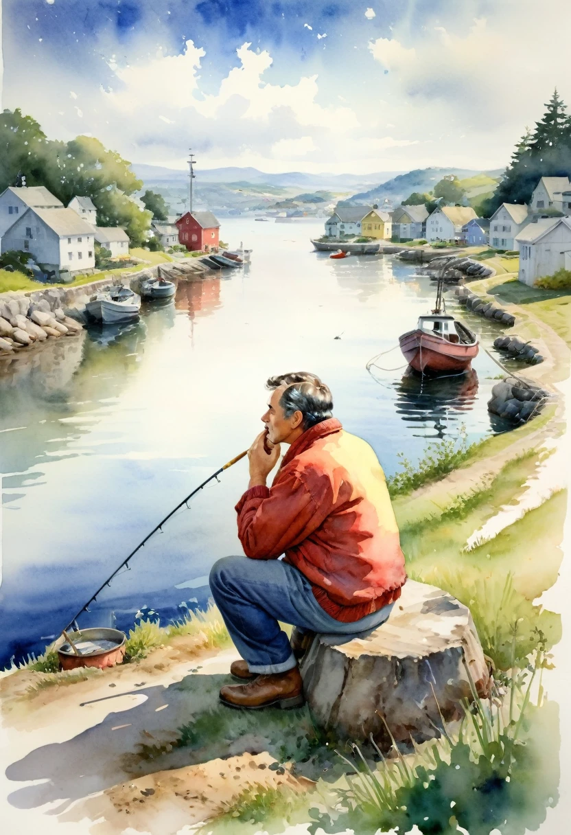 Handsome middle-aged man.He squatted by the harbor.looking at the sky.Fishing fire in the distance.light a cigarette.Light smoke escapes from the nostrils into the air.It’s like I can’t express my thoughts.This artwork depicts her in a rural setting,Radiate sweetness、Romantic atmosphere。Adding rustic romantic charm。 (Watercolor:1.5),(Ultra high saturation, Bright and vivid colors:1.5), (National Foundation), (Look directly at the audience:1.5)