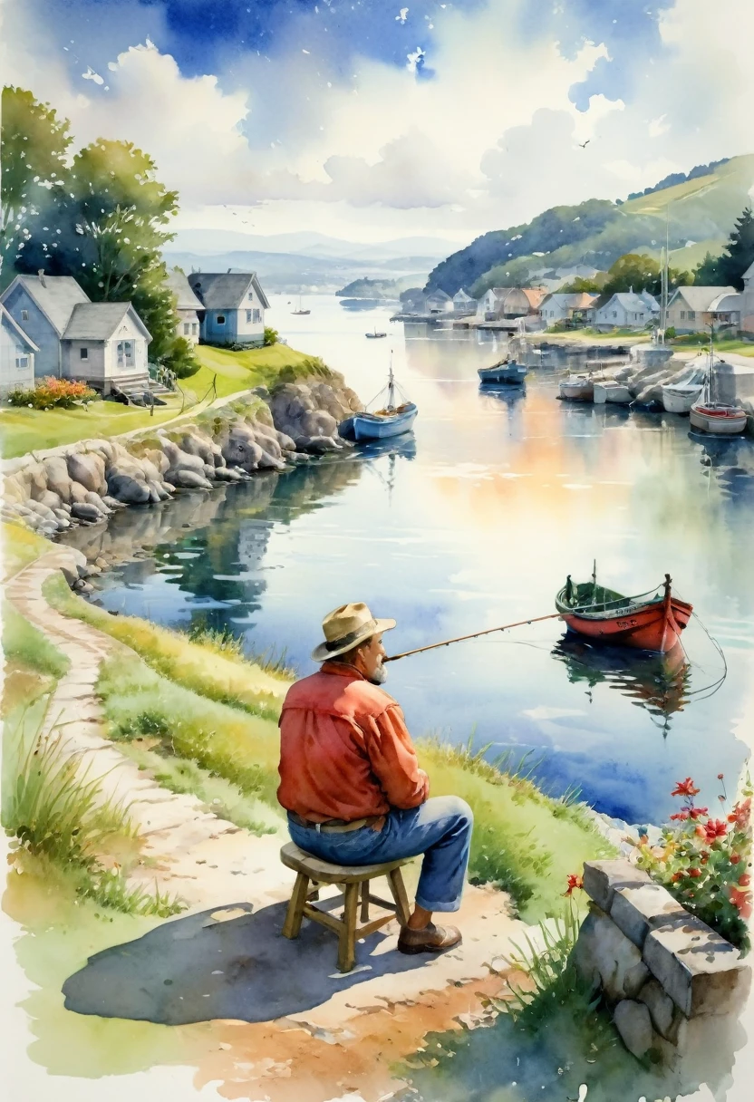 Handsome middle-aged man.He squatted by the harbor.looking at the sky.Fishing fire in the distance.light a cigarette.Light smoke escapes from the nostrils into the air.It’s like I can’t express my thoughts.This artwork depicts her in a rural setting，Radiate sweetness、Romantic atmosphere。Adding rustic romantic charm。 (Watercolor:1.5)，(Ultra high saturation, Bright and vivid colors:1.5), (National Foundation), (Look directly at the audience:1.5)