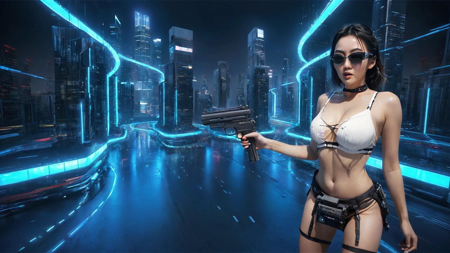 UE 5, computer render, Rendered by Octane, (8K, tmasterpiece), (realistically, Photo degree:1) luminescent concept art, (((((aerial view))))) of Cyberpunk city scene, ((Surreal circuit architecture)), (((((supercars street racing, 1 drone))))). Matrix style, (((((Matrix cascading code))))), (((((a futuristic twin tower skyscraper with a unique twisted design))))), (((((OLED GUI interfaces in the building))))), at night, (((((1girl, solo))))), photo realistic, (((large-breast:1.2 slim body, cleavage))), (((off torn mini matrix-code sling-shirt and black sling bra, extreamly short pleated matrix-code miniskirt exposing panty))), (((((running pose))))), (((((((matrix style black micro sunglasses))))))), ((((((((((aiming with a short gun)))))))))), (((((looking at camera))))), (((very low view))), (((((half-body thigh level medium shot))))), (((cinematic lighting))).