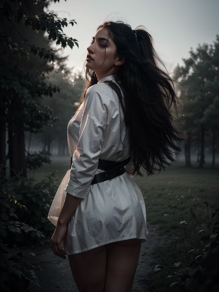 a black and white photo look From behind the thick fog appeared of a uzbek woman's face with strands of hair blowing in the wind covering her face by irakli nadar, open eyes, dynamic pose, floating hair, perfect object,  foggy weather, motion blur, tumblr, flora borsi, melancholic art, emotive portrait, wlop, 8k, artistic, surreal portrait photography, yuri shwedoff and tom bagshaw