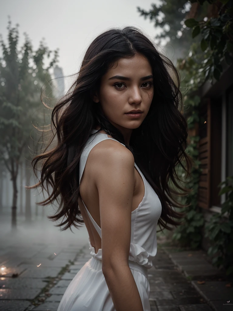 a black and white photo look From behind the thick fog appeared of a uzbek woman's face with strands of hair blowing in the wind covering her face by irakli nadar, open eyes, dynamic pose, floating hair, perfect object, foggy weather, motion blur, tumblr, flora borsi, melancholic art, emotive portrait, wlop, 8k, artistic, surreal portrait photography, yuri shwedoff and tom bagshaw