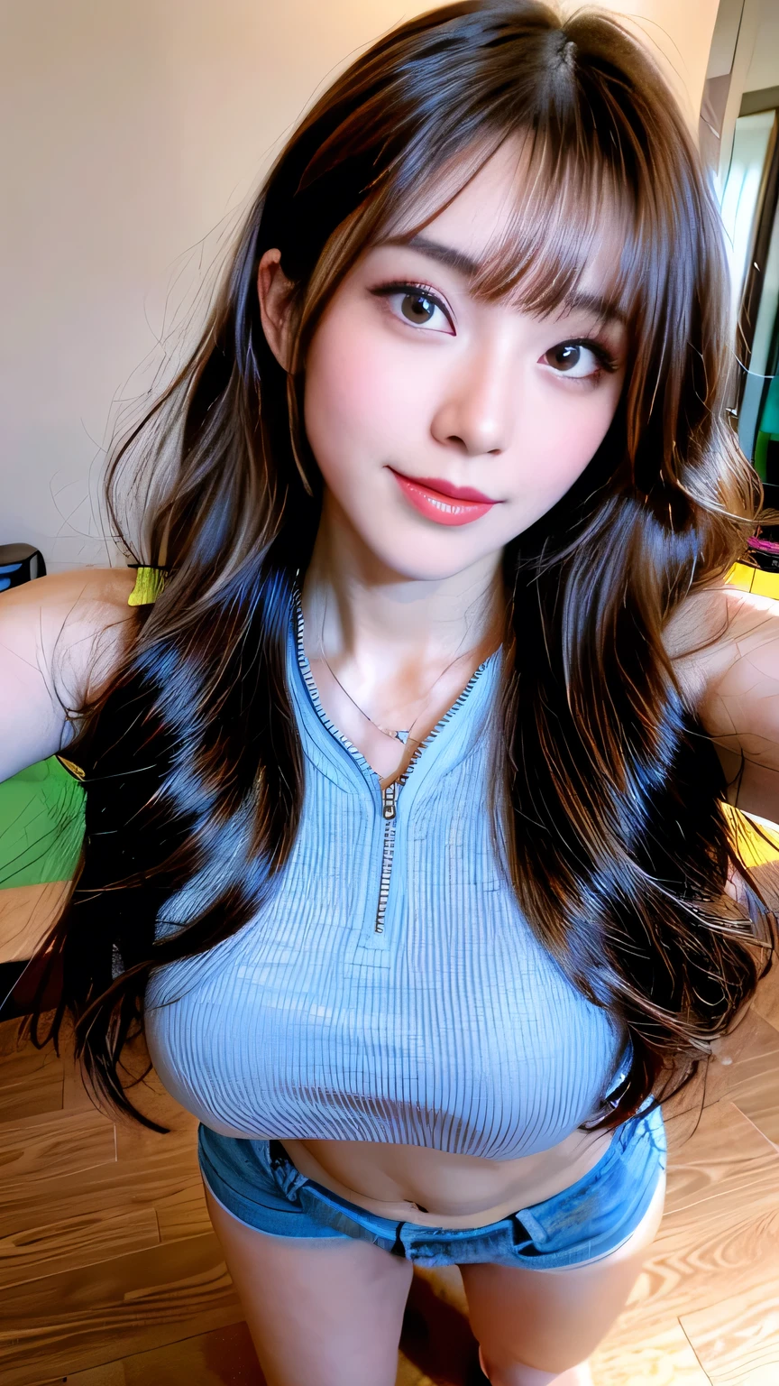 seed:4195271995,((Full Body Angle:1.1)),((highest quality, 8K, masterpiece: 1.3)), concentrated: 1.2,Front hair:1.3, Cute girl 1,Nipples erect、 Perfect beauty: 1.4,Colorful ribbed knit half-zip T-shirt、Shorts: 1.2,Randall Color、comics&Text Graphics、Black,1.1, Highly detailed face and skin textures, Fine grain, double eyelid, whitening skin, ,highest quality,Ultra-high resolution,you,1 girl,alone,_Shiny_skin,Iris,necklace,((Brown_length_Wavy_hair)),(lips)),eyelash,Front hair,deal with,compensate,Shiny,pore,skin texture,Large Breasts、smiling face、Front hair、The hair is wet、from below