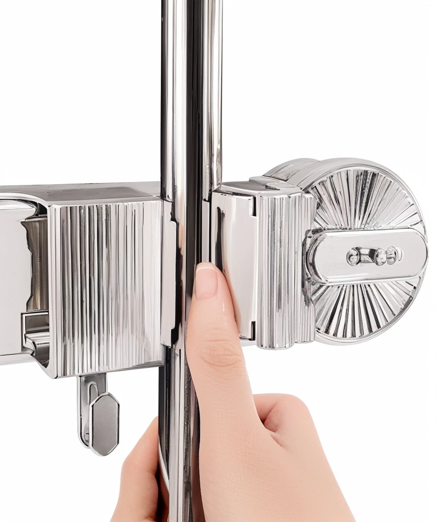 Someone holding a metal door handle with a metal latch, Bottom View, Bottom View, Bottom Angle, Clear detailed view, top view, outstanding detail, High Angle View, close up, High quality details, Close-up view, no background, visually crisp & Clear, Top angle view, Vivid details, Fine details, outstanding