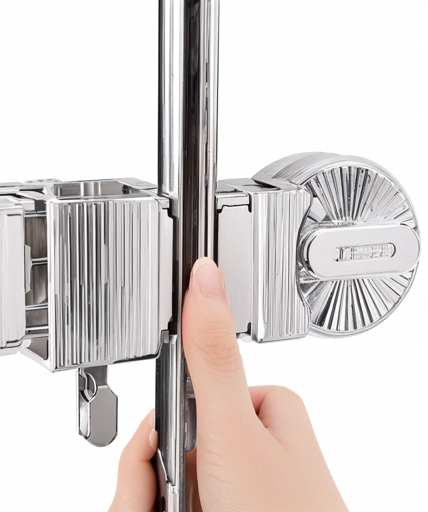 Someone holding a metal door handle with a metal latch, Bottom View, Bottom View, Bottom Angle, Clear detailed view, top view, outstanding detail, High Angle View, close up, High quality details, Close-up view, no background, visually crisp & Clear, Top angle view, Vivid details, Fine details, outstanding