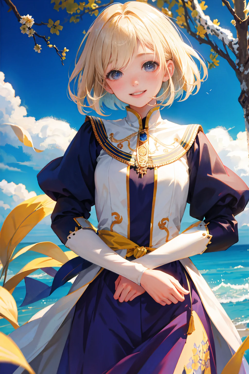 Photorealistic、Highest quality、Highest Resolution、highest quality、８Ｋ、cute女性、Beautiful Face、One beautiful woman、Bob Cut Hair、Light Hair Color、cute、beautiful、The best smile、Beautiful background、Parr's Hand、Five Fingers、Put your hands forward、片Put your hands forward、Spread your fingers、beautifulな指、beautifulな手、