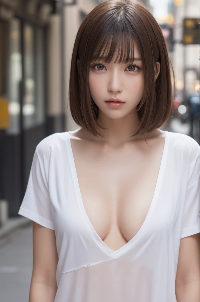 one girl, (a beauty girl, delicate girl:1.3), (, gal:1.3),
break, (Torn and damaged white t-shirt,nsfw,bare breast,nipple,lift shirt,small areola),
break, very fine resolution, (symmetrical eyes:1.3),
break, (Street view:1.2),
break, small breasts, brown eyes, parted bangs, brown hair,  girl,
break, (Eye and face details:1.0),
break, (masterpiece, highest quality, super detailed, detailed face, 8K)