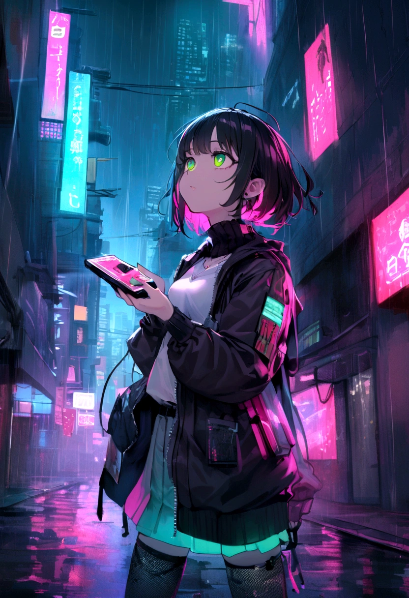 Teenage girl, short black hair, neon pink highlights, ripped fishnet stockings, knee-high leather boots, cyberdeck installed in her arm, holding a wireless phone and gazing up at a dystopian cityscape [rickety buildings, polluted air, flickering neon signs], streets lit by holographic advertisements, rain pouring down, [intrigued expression, piercing green eyes