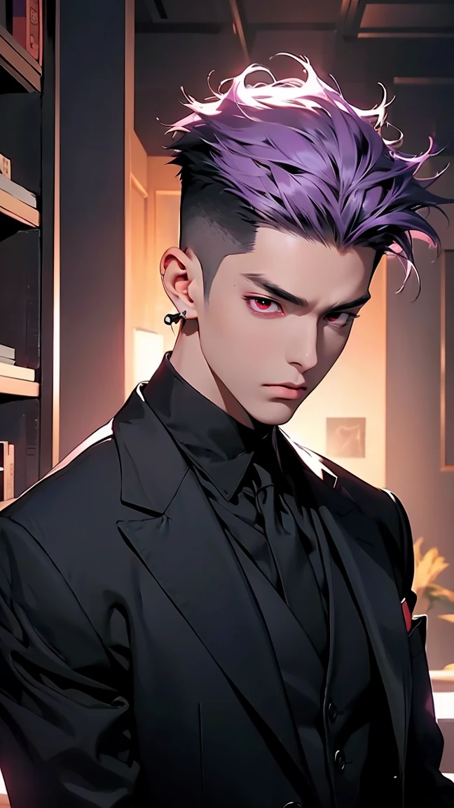 highest quality, 8K, high resolution image, anime style Jujutsu Kaisen, (Cell of Empireo/Seodoa Riddle), detailed strokes, bored look , blurred, purple light reflecting from it, 1 man, young, male, model, hand in pocket, cool guy, multicolored Background with various geometric shapes, around stickers, muscular, light purple hair, spiky hair ,swollen chest, RED EYES, a black modern suit, black gloves, golden earrings
Background: Room, living room, sofa,