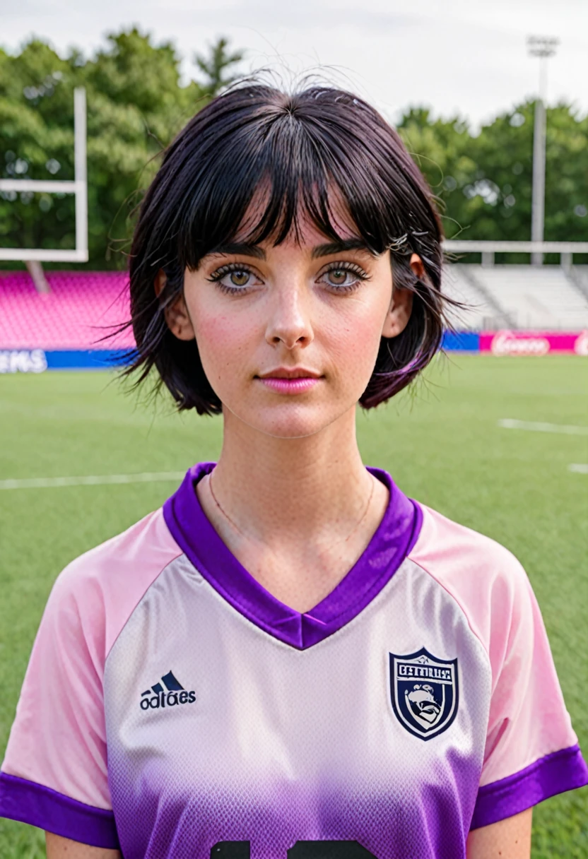 a girl with gray eyes, short black hair, wearing a pink football shirt and a purple cloth around her neck