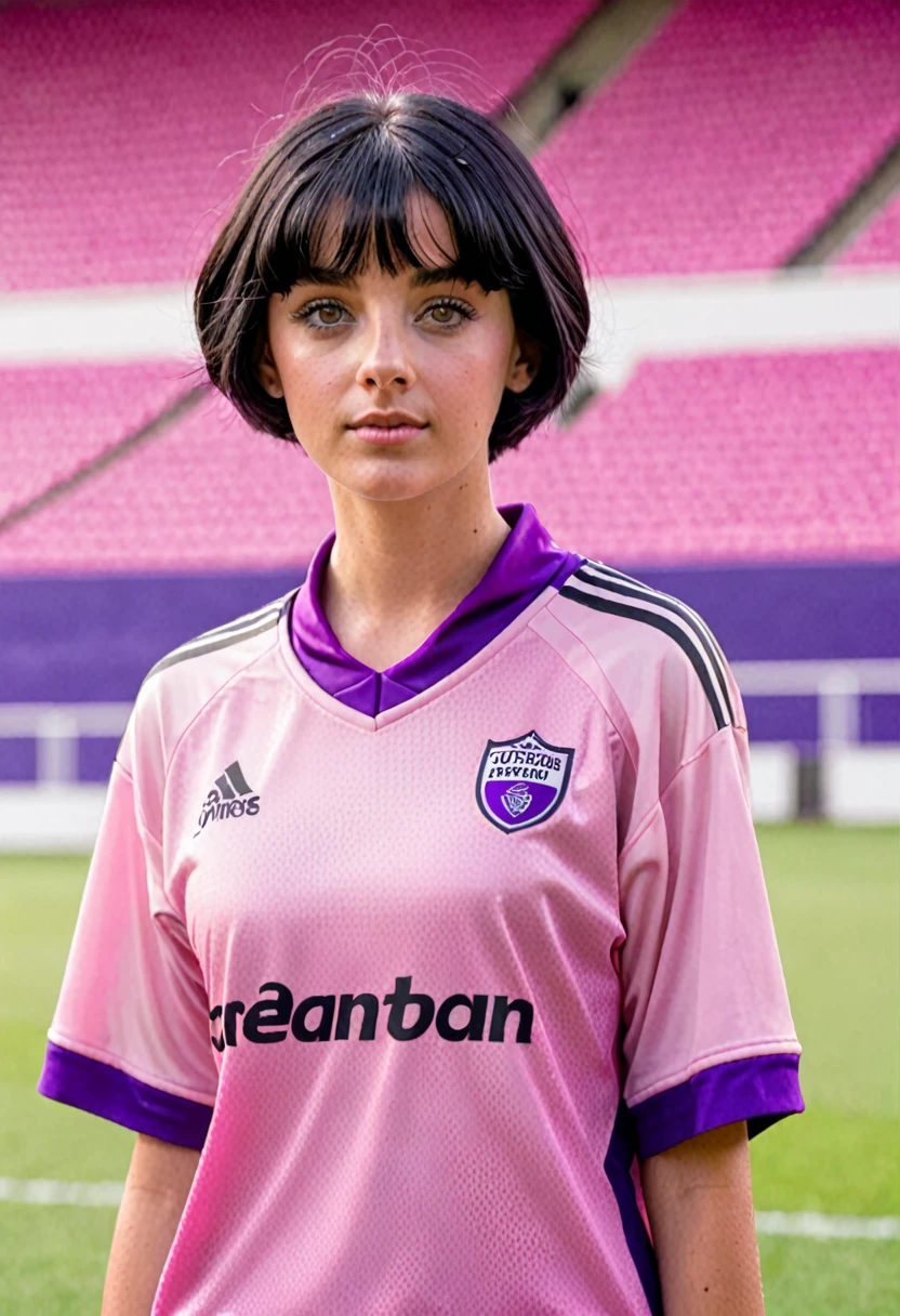 a girl with gray eyes, short black hair, wearing a pink football shirt and a purple cloth around her neck 