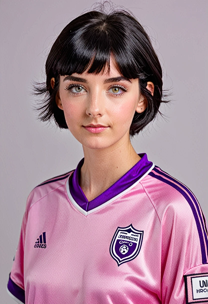 a girl with gray eyes, short black hair, wearing a pink football shirt and a purple cloth around her neck