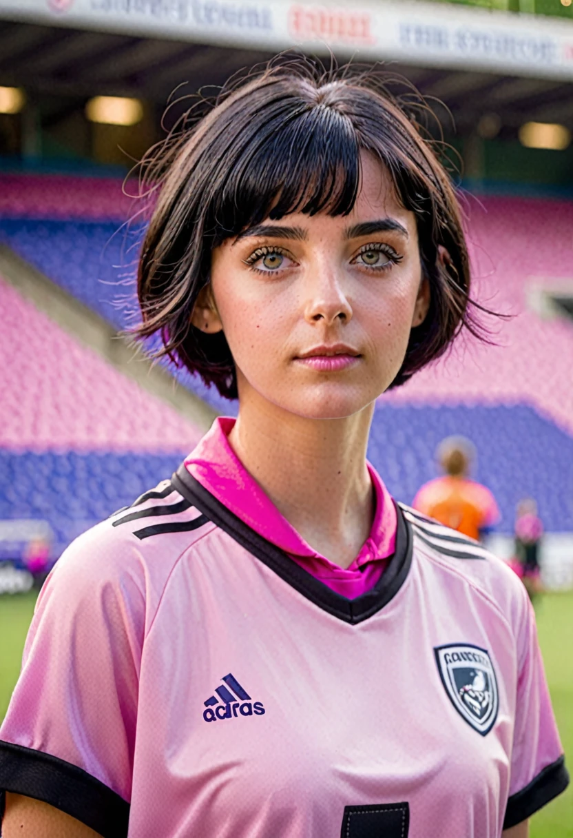 a girl with gray eyes, short black hair, wearing a pink football shirt and a purple cloth around her neck 