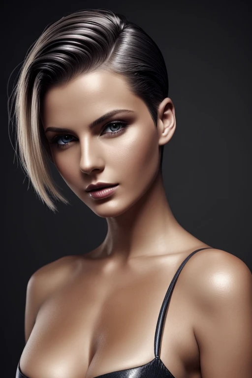 Gorgeous european woman with very short hair, short hair, wet hair, hair slicked back, combed straight back, slick hair, streaked blonde hair, seductive, angel, wings, cleavage, solid dark grey background
