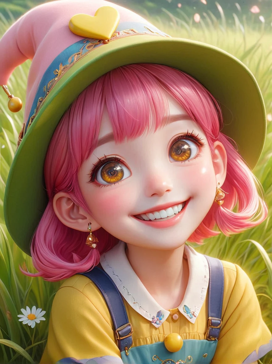 (Little)，(masterpiece, highest quality, highest quality, Official Art, beautifully、aesthetic:1.2), Cute Goddess IP,Require,Little face,Grass,Red scar, smile,Beautiful dress, Cute cartoon diagonal shoulder bag, Pink Hair, Yellow patterned wool hat, 1fkxc1
