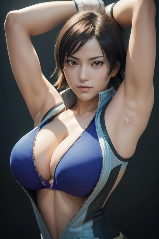 1girl, ((realistic)), ((photorealistic)),((high-res, masterpiece, best quality, cinema lighting)), masterpiece, best quality:1.2), upper body, solo, 1girl, little bit angry, closed mouth, masterpiece, best quality, 4k, photograph, cinemtaic lighting, modelshoot, perfect lighting, perfect detailed face, professional photoshoot, smile,(((huge breasts))),((((asuka kazama)))),(((beautiful))), sleeveless, realistic, japanese female, arms up, armpits, armpits visible, muscular body