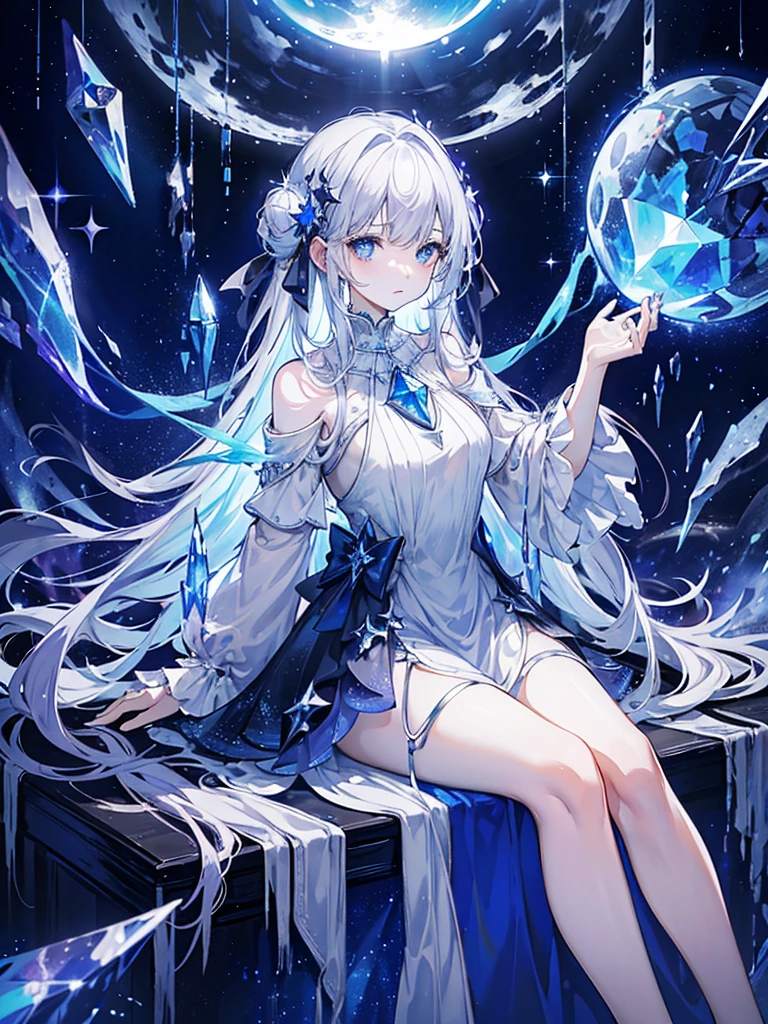 One beautiful woman、Age 25、Mature、Sitting in the Milky Way、Floating、Holding a glowing crystal、Gray Hair、Blue eyes that shine like jewels、Dark Blue Dress、mysterious、Super detailed、highest quality、masterpiece、Wrapped in a nebula、Fantasy、Numerous stars、planet、Looking at the crystal in his hand、long hair、Circle of Light、barefoot