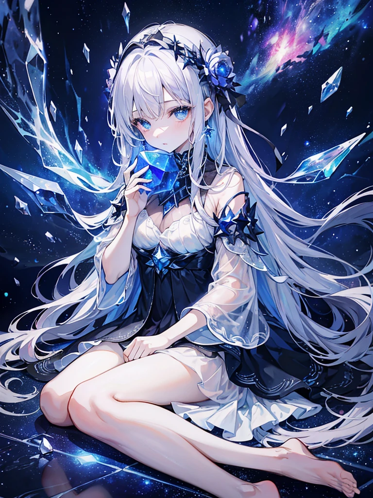 One beautiful woman、Age 25、Mature、Sitting in the Milky Way、Floating、Holding a glowing crystal、Gray Hair、Blue eyes that shine like jewels、Dark Blue Dress、mysterious、Super detailed、highest quality、masterpiece、Wrapped in a nebula、Fantasy、Numerous stars、planet、Looking at the crystal in his hand、long hair、Circle of Light、barefoot