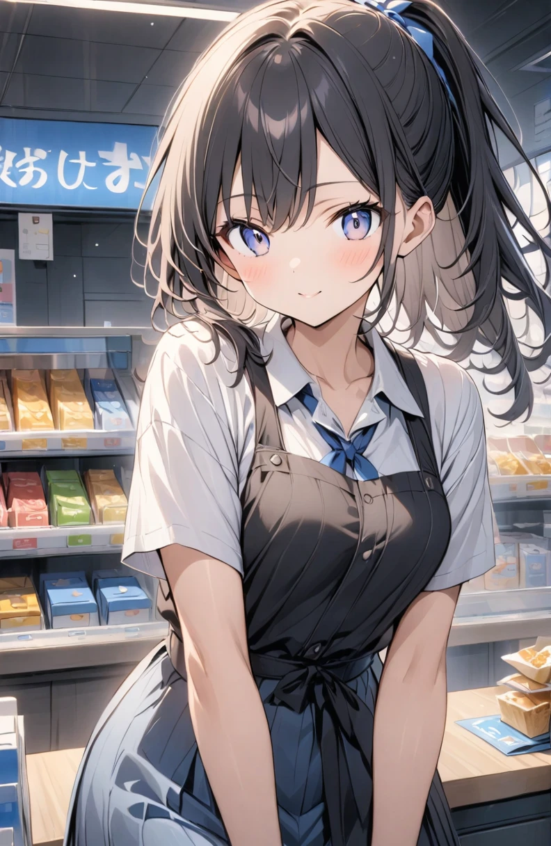 (masterpiece:1.2),(anime),Convenience store clerk、girl、cute、Black Hair、ponytail、Cashier、Japanese