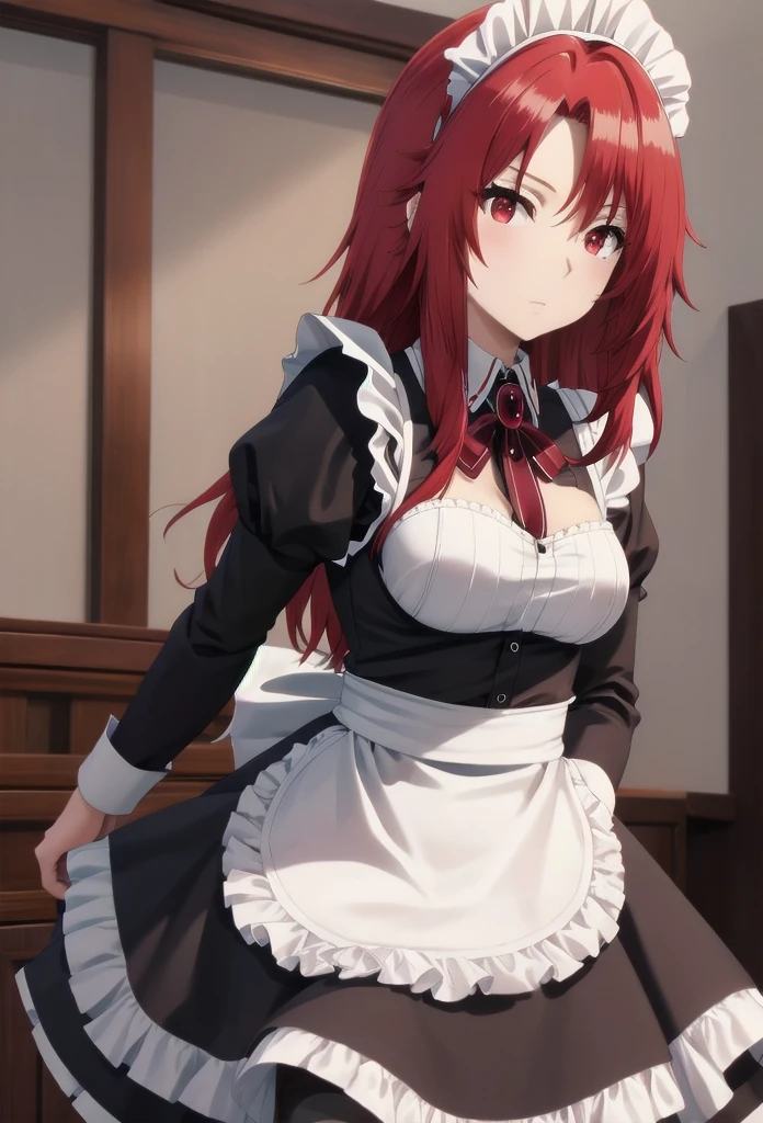 best quality, red hair,red eyes,masterpiece, highres, solo, (maid:1.40), (long maid dress:1.15), anime_style, 14