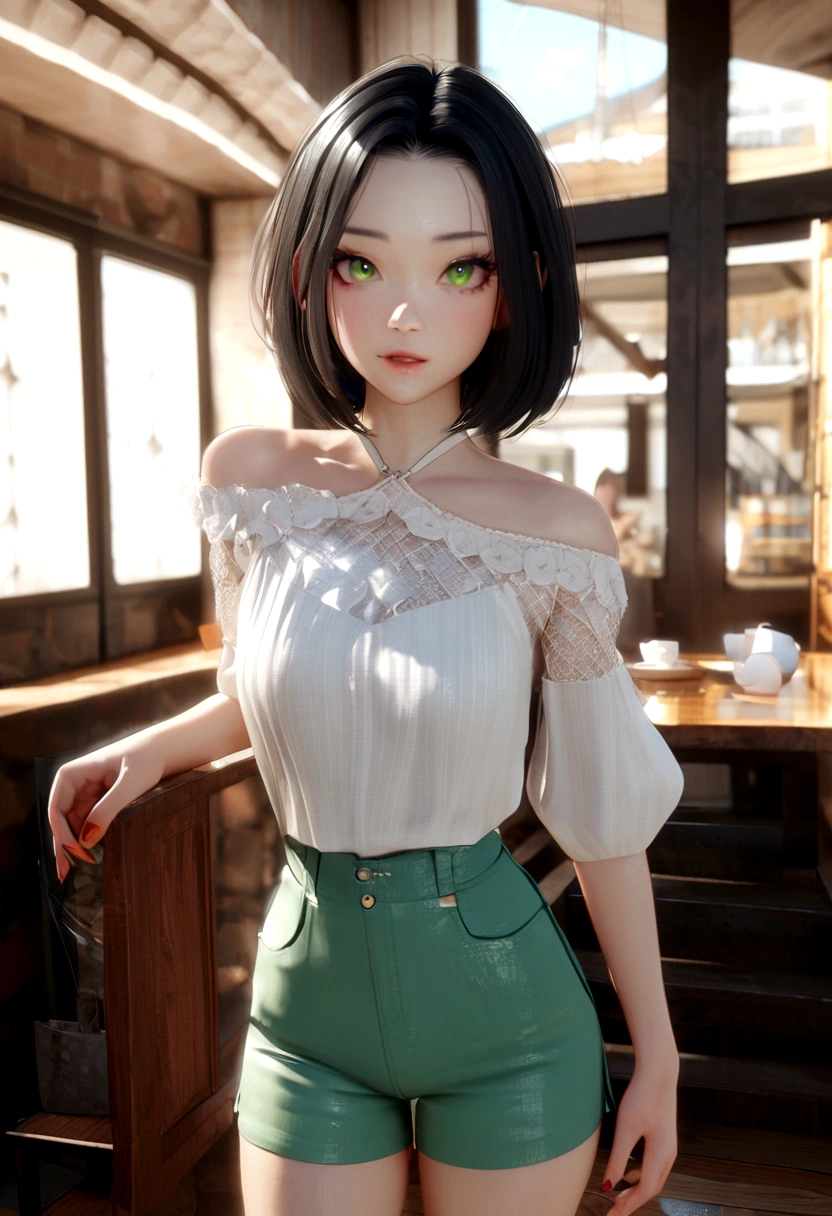 (1girl:1.3) , (sentada:1.2) , encima da cama, Panoramic view, pose sensual, claymotion, 3d, (melhor qualidade:1.2) , (highres:1.2), nitidez, shorts vermelho, blusa branca, pele clara, looking at the camera, forehead, short hair, (black hair with green color on top:1.1), ((Billie eilish:1.2)), 8k, quarto feminino, bem iluminado, realista, realismo
