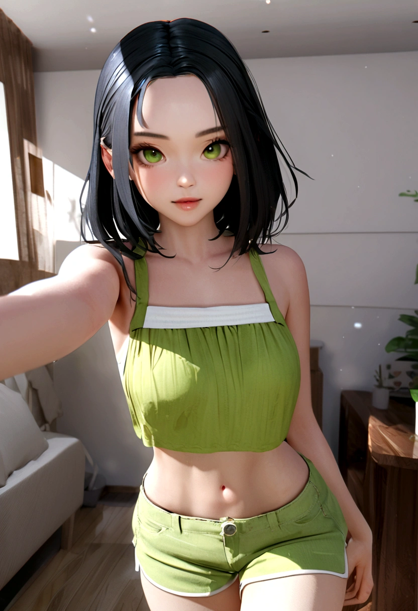  (1girl:1.3) , (sentada:1.2) , encima da cama, Panoramic view,  pose sensual, claymotion, 3d,  (melhor qualidade:1.2) , (highres:1.2), nitidez, shorts vermelho, blusa branca, pele clara, looking at the camera, forehead, short hair,  (black hair with green color on top:1.1), ((Billie eilish:1.2)), 8k, quarto feminino, bem iluminado, realista, realismo