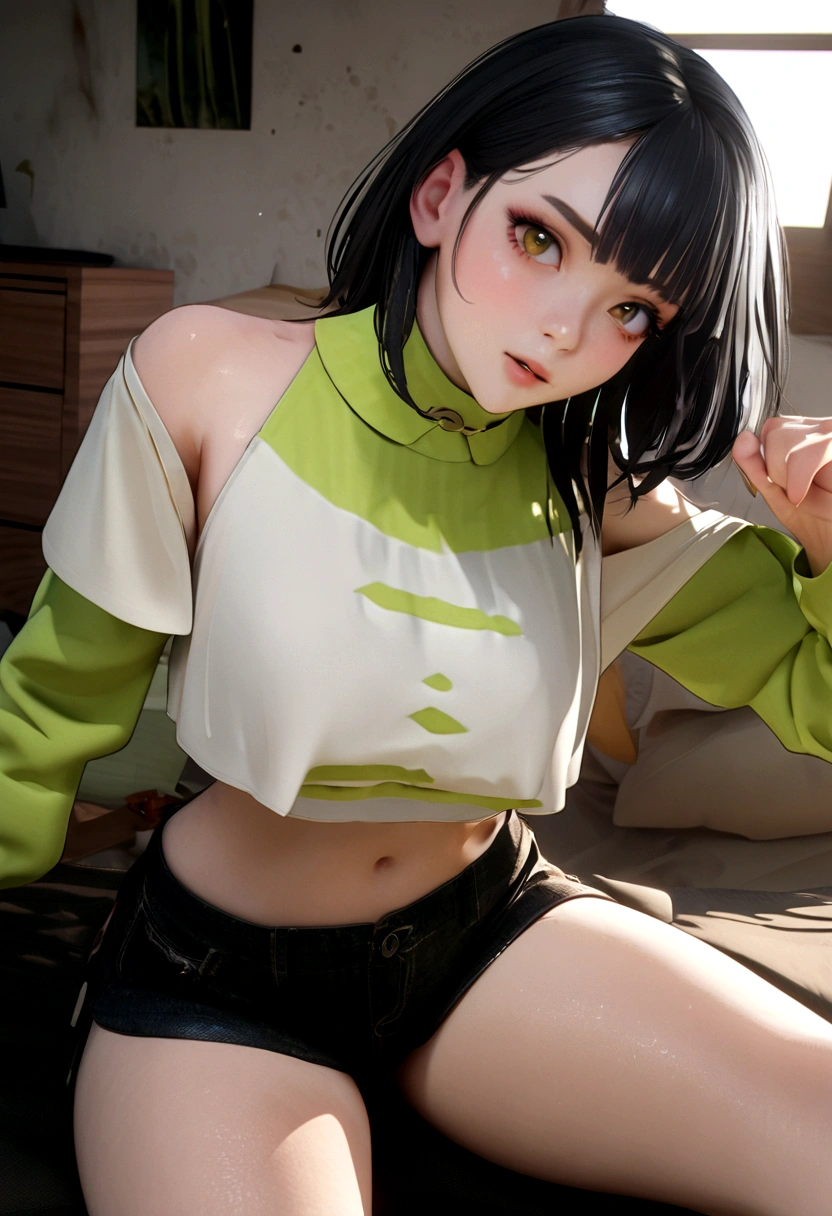 (1girl:1.3) , (sentada:1.2) , encima da cama, Panoramic view, pose sensual, claymotion, 3d, (melhor qualidade:1.2) , (highres:1.2), nitidez, shorts vermelho, blusa branca, pele clara, looking at the camera, forehead, short hair, (black hair with green color on top:1.1), ((Billie eilish:1.2)), 8k, quarto feminino, bem iluminado, realista, realismo