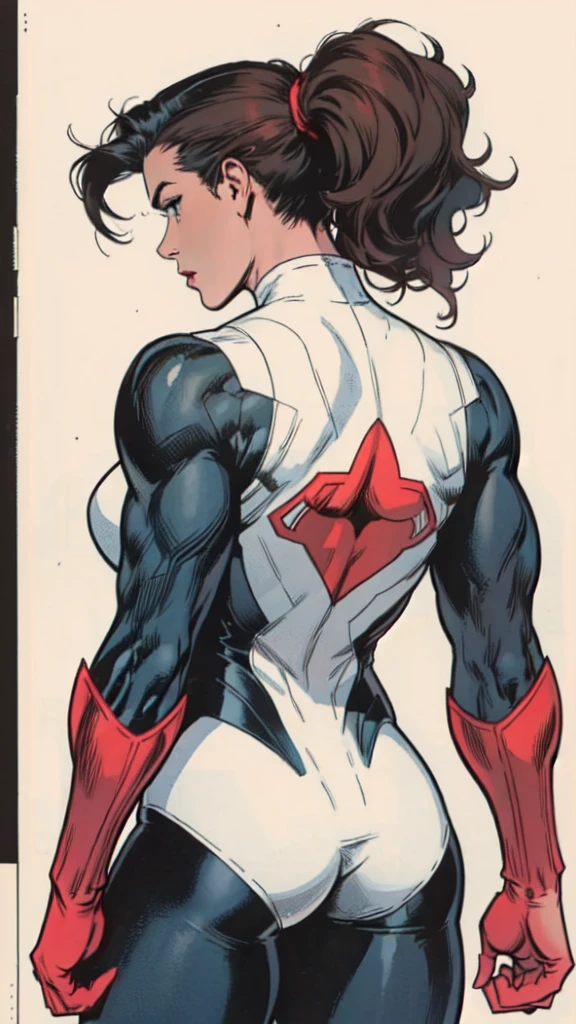 (Back view:1.45),masterpiece,extremely beautiful woman,Excellent sense, stand back to viewer, (((perfect very white background))),American Comics,(((The Perfect One Woman))),(((one person))), tight black and red hero outfit, colorful,Highly detailed perfect upper body,highly detailed face,near future,SF,