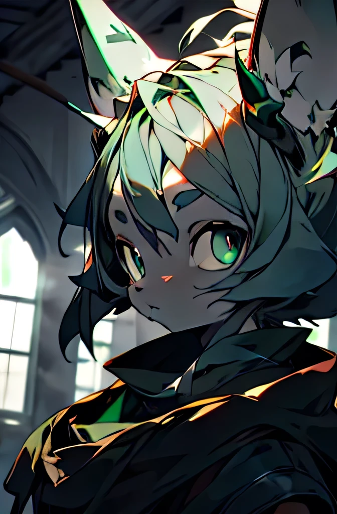 semi-frontal view, perfect lighting, beautiful gray-green eyes