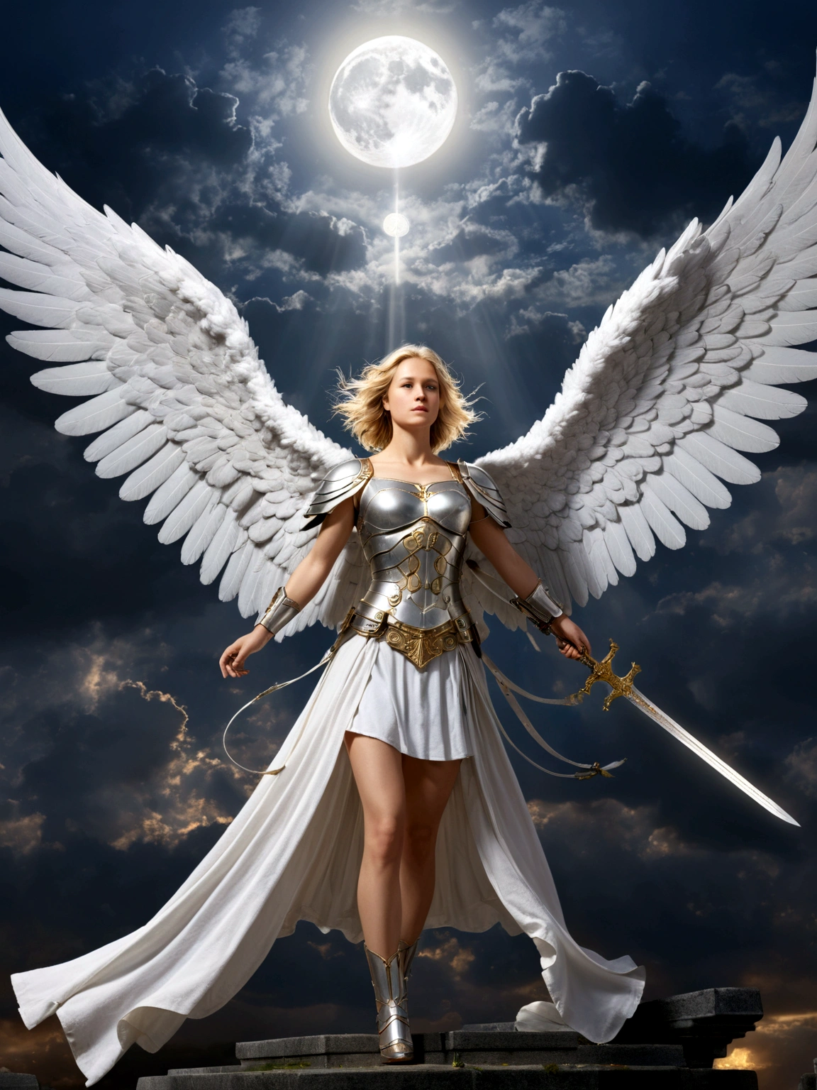 a model shot (taken from the rear: 1.5), 16K, ultra detailed, masterpiece, best quality, (extremely detailed), arafed, dnd art, portrait, full body, aasimar, female, (Masterpiece 1.3, intense details), female, paladin, holy warrior, spread large feathered wings, ((wings growing from the back of the angel: 1.5)), majestic wings, white angelic wings spread (Masterpiece, intense details: 1.5), moon light, moon, stars, clouds, holy symbol, armed with sword, short blond hair, dark fantasy cemetery background, anatomically correct (Masterpiece 1.3, intense details), angel_wings, determined face, god rays, cinematic lighting, glowing light, silhouette, from outside, photorealism, panoramic view (Masterpiece 1.3, intense details) , Wide-Angle, Ultra-Wide Angle, 16k, highres, best quality, high details, armored dress, AngelStyle, Cinematic Hollywood Film style