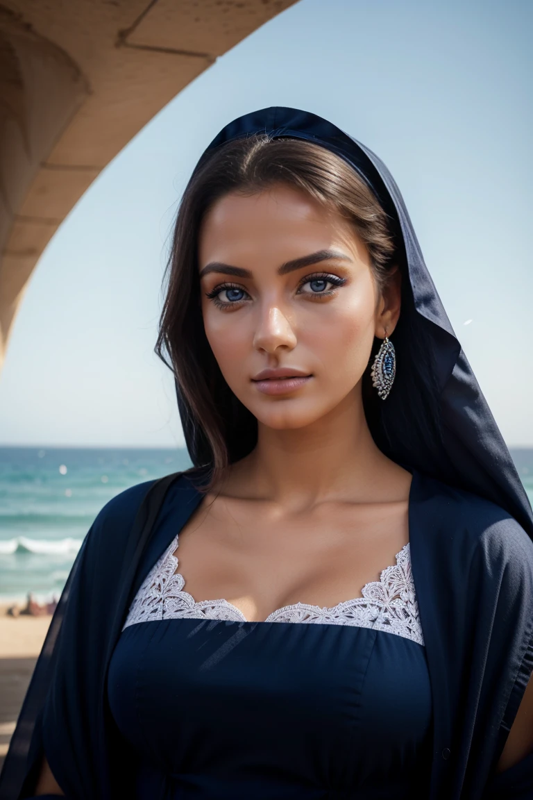 Des mannequins Instagram posent sur la corniche de Casablanca, in a dark blue and white djellaba , tout le corps, beautiful detailed eyes, beautifully detailed lips, extremely detailed eyes and face, court, belle rose Haar ((Best quality)), ((Chef-d&#39;artwork)), (detailed), Visage parfait, tout le corps