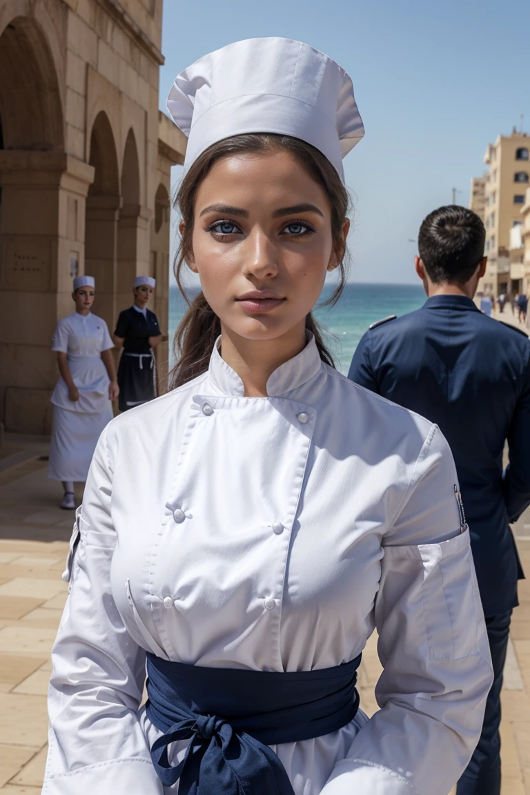 Des mannequins Instagram posent sur la corniche de Casablanca, in a dark blue and white djellaba , tout le corps, beautiful detailed eyes, beautifully detailed lips, extremely detailed eyes and face, court, belle rose Haar ((Best quality)), ((Chef-d'artwork)), (detailed), Visage parfait, tout le corps